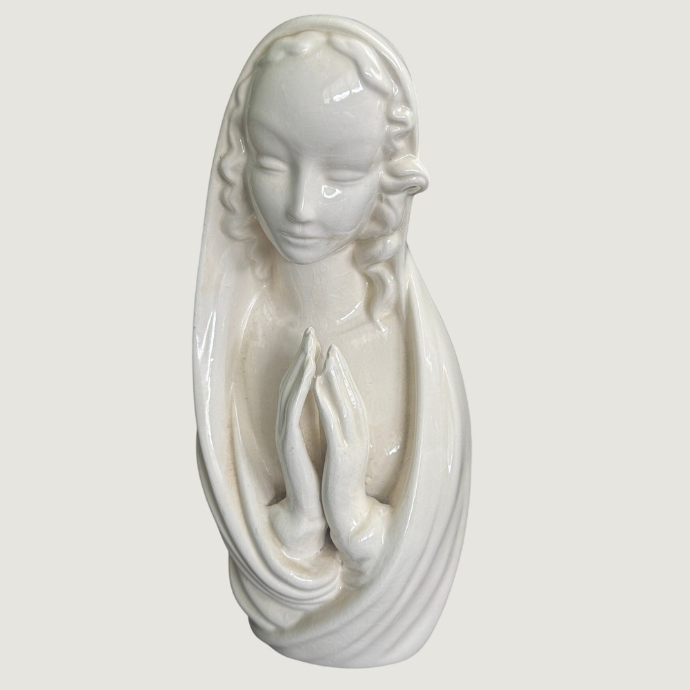 Vintage White Ceramic Virgin Mary Bust Praying Madonna Statue Religious Decor